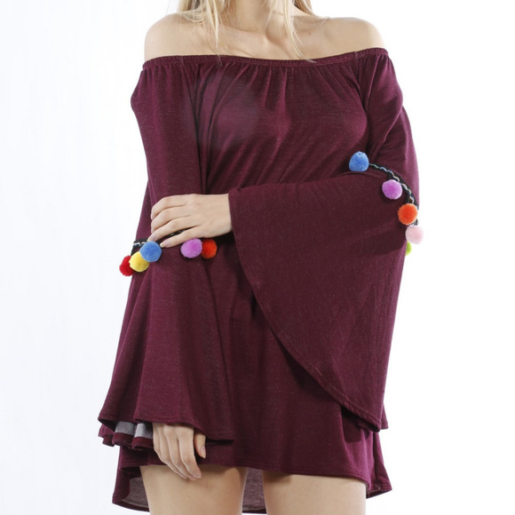 BURGUNDY TUNIC TOP WITH POM POMS - Picture 2 of 4